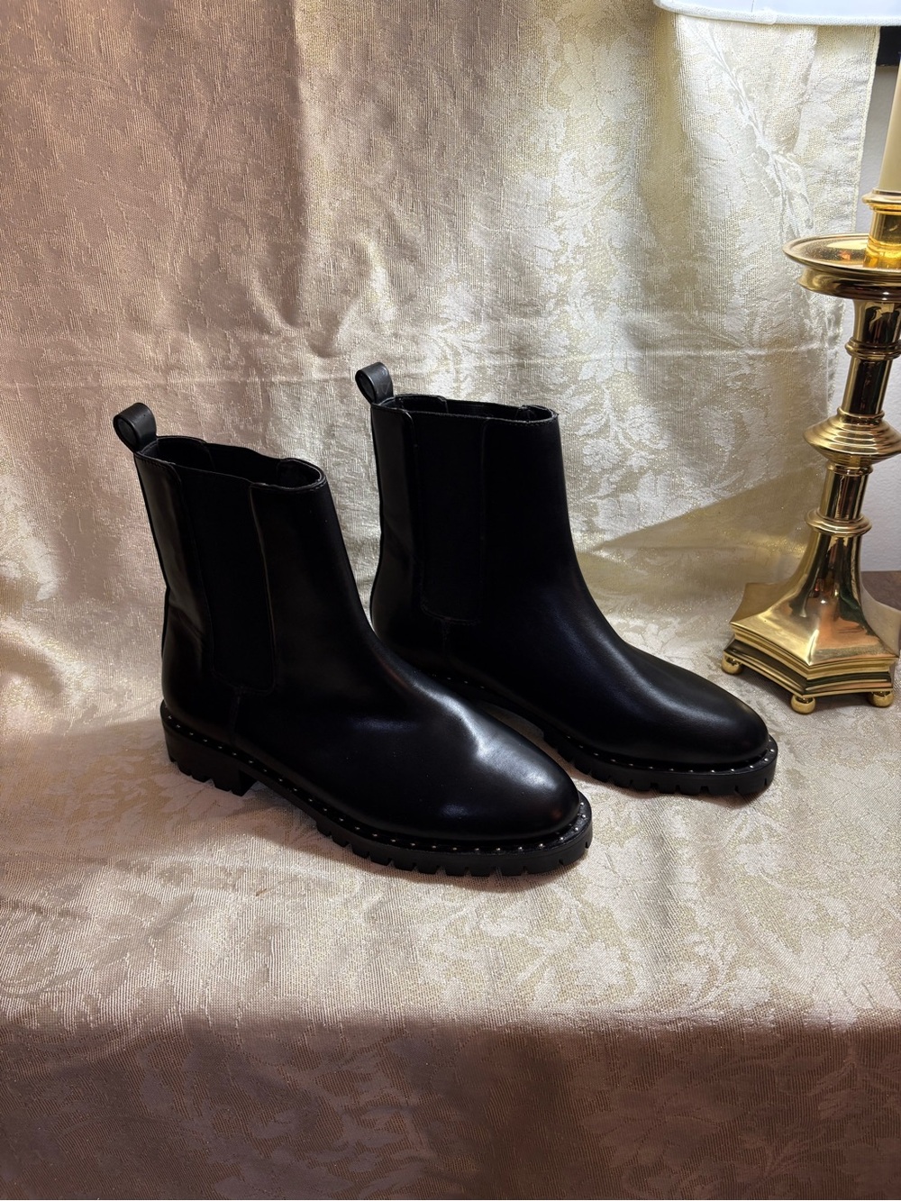 Saks Fifth Avenue Black LeatherStudded  Chelsea Lug Ankle Boots